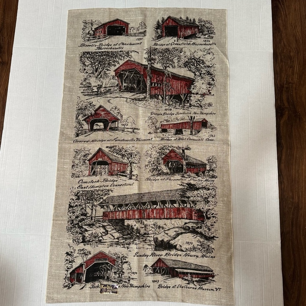 Vintage Kay Dee Covered Bridges Linen Tea Towel New England Landmarks 100% Linen